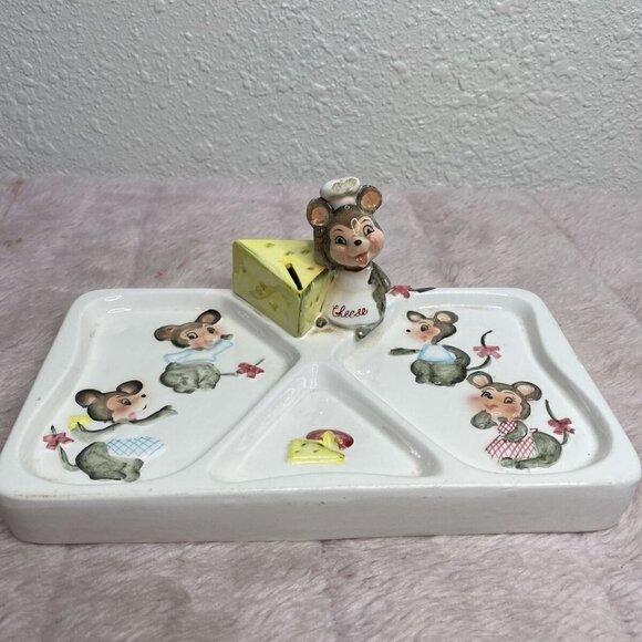 Vintage Lefton 1862 Mouse Cheese Divided Serving Tray - Picture 1 of 9